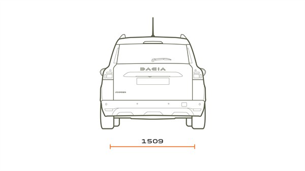 Техничка скица на задниот дел на Dacia Jogger со прикажана ширина.
