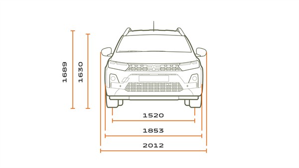 Техничка скица на предниот дел на Dacia Jogger со прикажана висина и ширина.