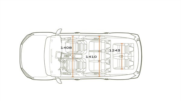 Техничка скица на погледот од горе на Dacia Jogger со означени простори за седење.