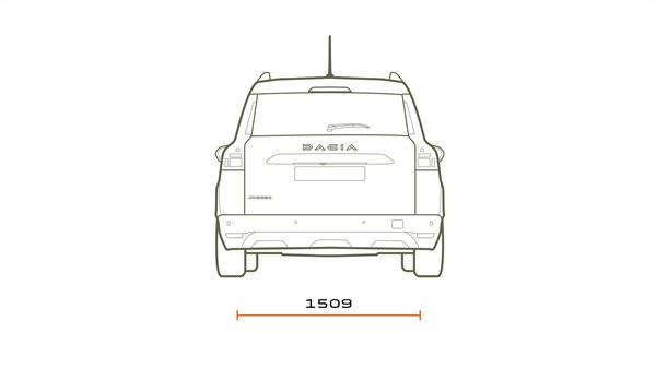 Техничка скица на задниот дел на Dacia Jogger со прикажана ширина на задниот дел.