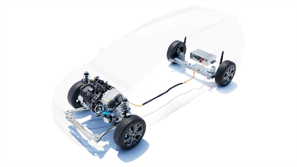 Поглед на хибридниот погонски склоп Hybrid 155 со означени електрични и бензински компоненти на возилото.