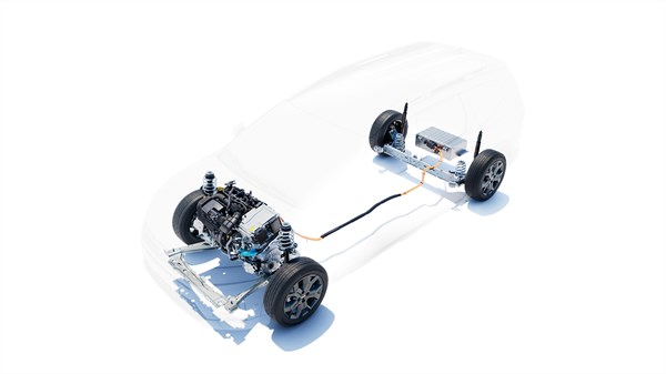 Поглед на погонскиот склоп Dacia Hybrid од 155 КС, со моторот, батеријата и поврзаните компоненти јасно видливи во рамките на транспарентната контура на каросеријата.