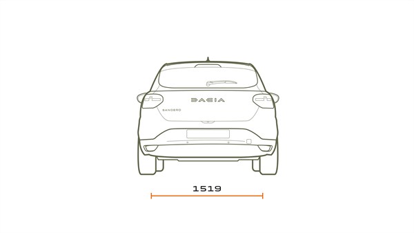 Технички задни димензии за Dacia Sandero со наведен вкупна ширина.