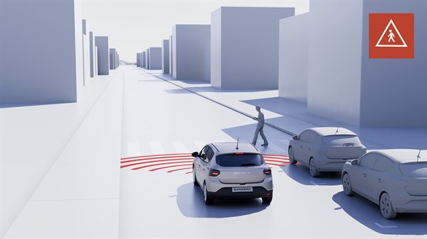 Dacia Sandero автоматски сопира пред пешаците во урбани ситуации со приказ на безбедносниот систем.