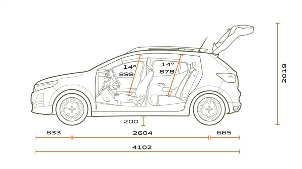 Странична техничка скица на скалите на Dacia Sandero со означени димензии на должина, меѓуоскино растојание и внатрешен простор за патници.