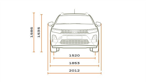 Предна техничка скица на скалите на Dacia Sandero што ја прикажува ширината и висината на возилото.