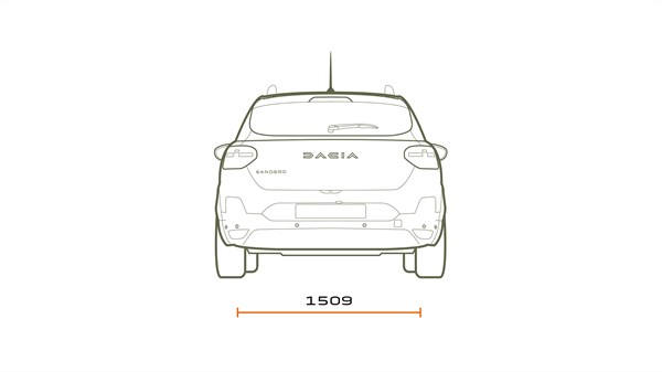 Задна техничка скица на скалите на Dacia Sandero што ја прикажува ширината на задниот дел.