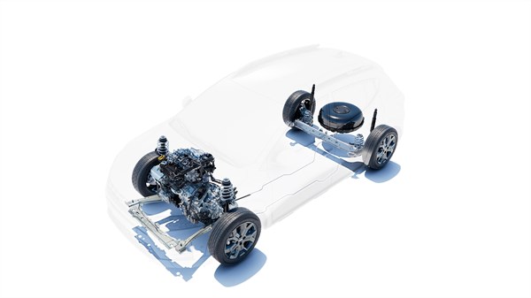 Приказ на компонентите на погонскиот склоп на Dacia Sandero Stepway ECO-G 120 во транспарентен поглед на каросеријата, со видливи мотор, резервоар и механички склопови.