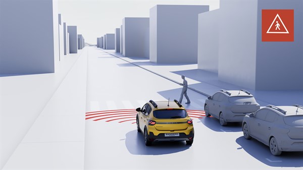 Dacia Sandero Stepway прикажан во симулација на градско возење, со графички приказ на системот што ги препознава пешаците и велосипедистите.