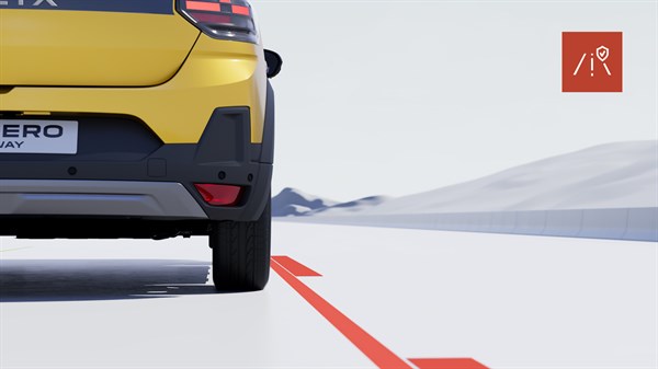 Задниот дел од Dacia Sandero Stepway прикажан во симулација со обележана лента и активен систем за задржување на лента.
