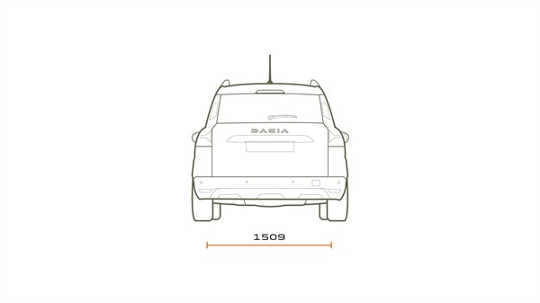 Заден поглед на седиштата Dacia Jogger 7 со прикажани димензии на багажниот простор.